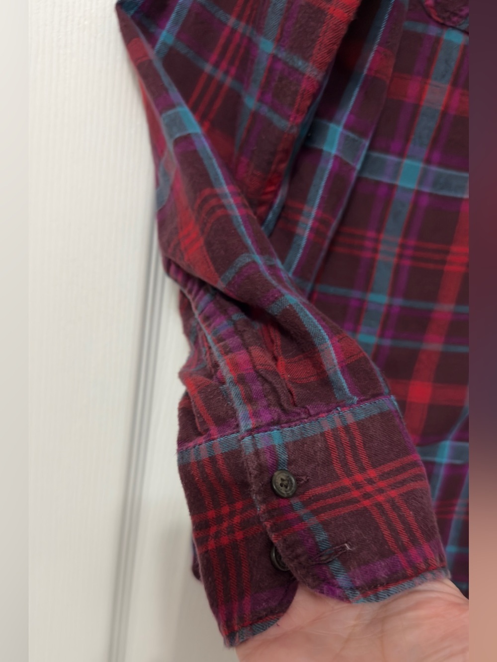 Eddie Bauer Burgundy, Red & Teal Plaid Button Shirt - Picture 5 of 6
